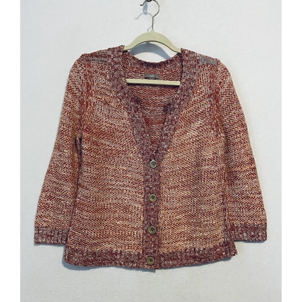 J Jill Cardigan Sweater Womens Small Button Up 3/4 Sleeve Red Linen Silk